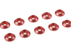 High quality precision CNC machined aluminium 6065 T6 washer for M3 Round head type screws. Outer diameter 10mm. Red anodised color. Blister packed 10 pcs
